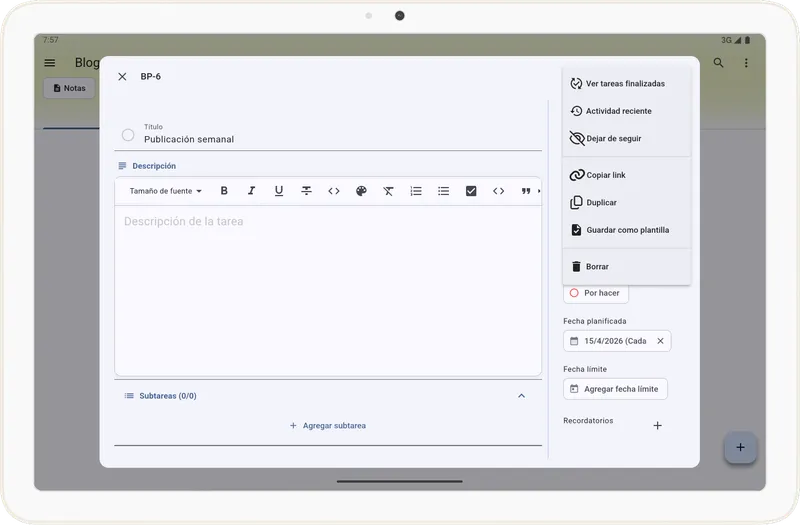 Menú de tarea para guardar como plantilla