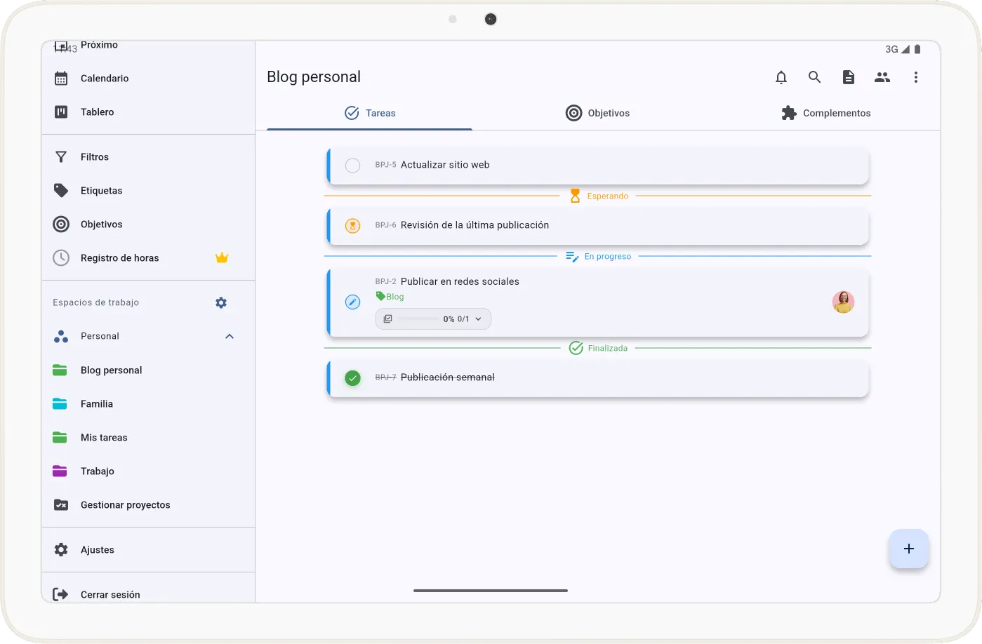 Pantalla de listado de tareas