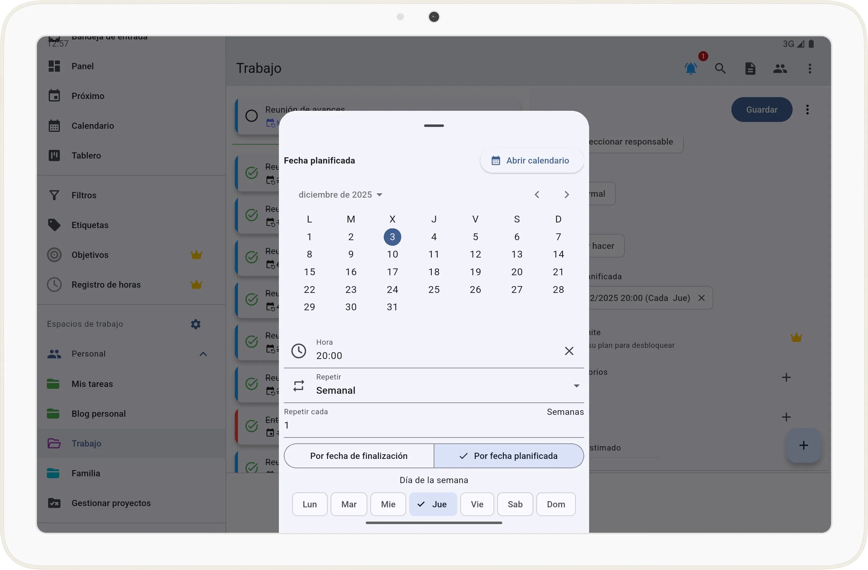 Configuración de tarea recurrente