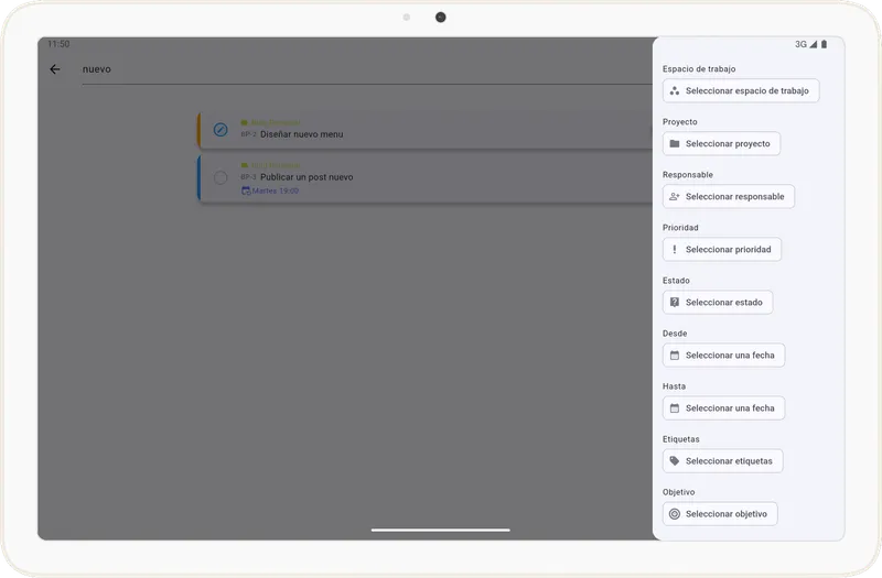 Panel de filtros de búsqueda