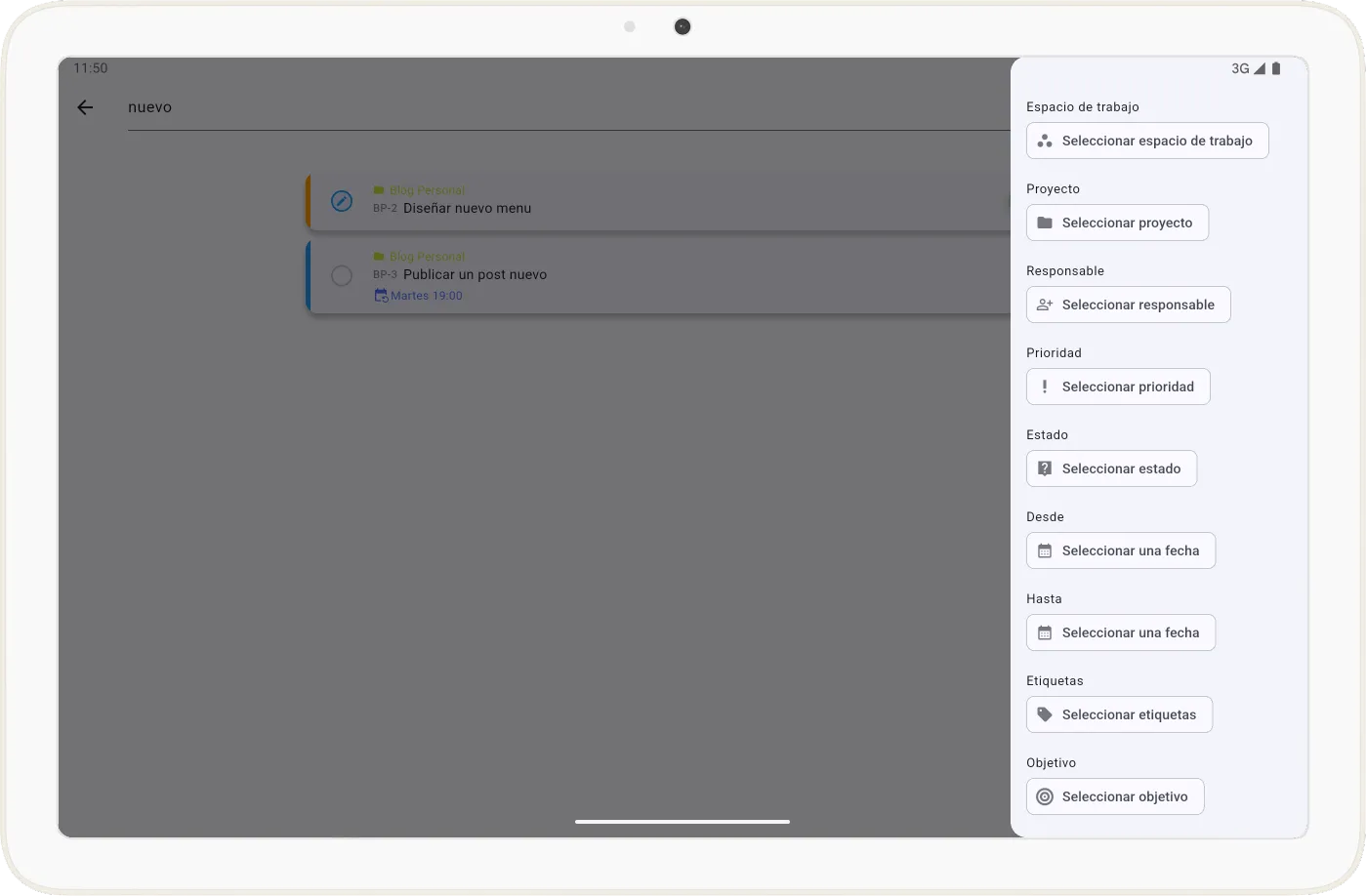 Panel de filtros de búsqueda