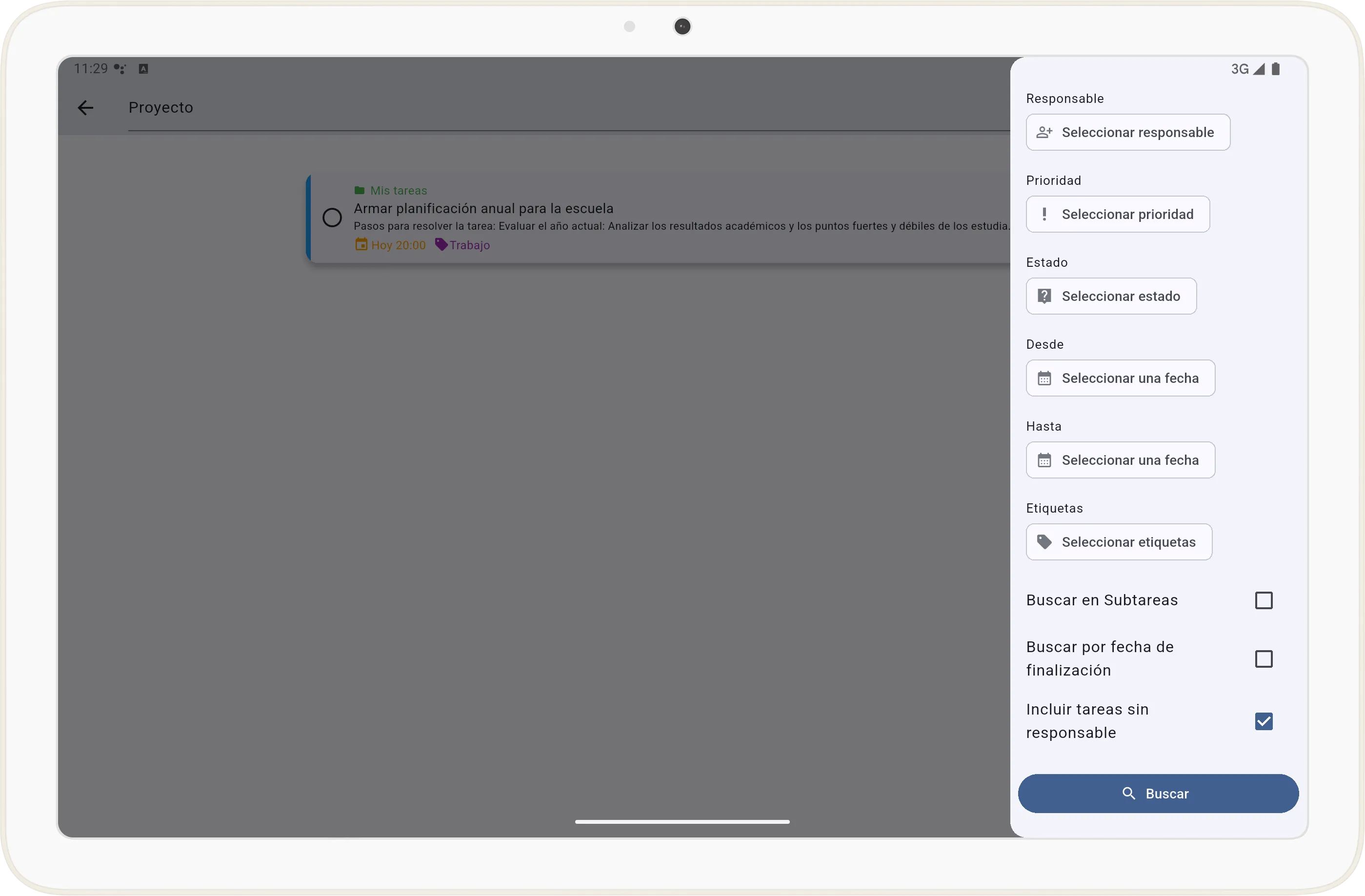 Panel de filtros de búsqueda