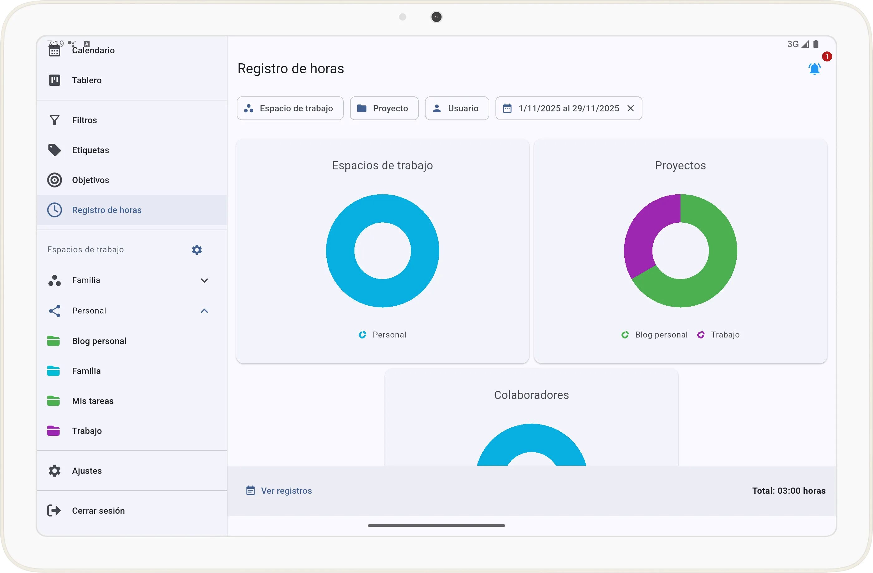 Panel de registro de horas en Tarea Cero
