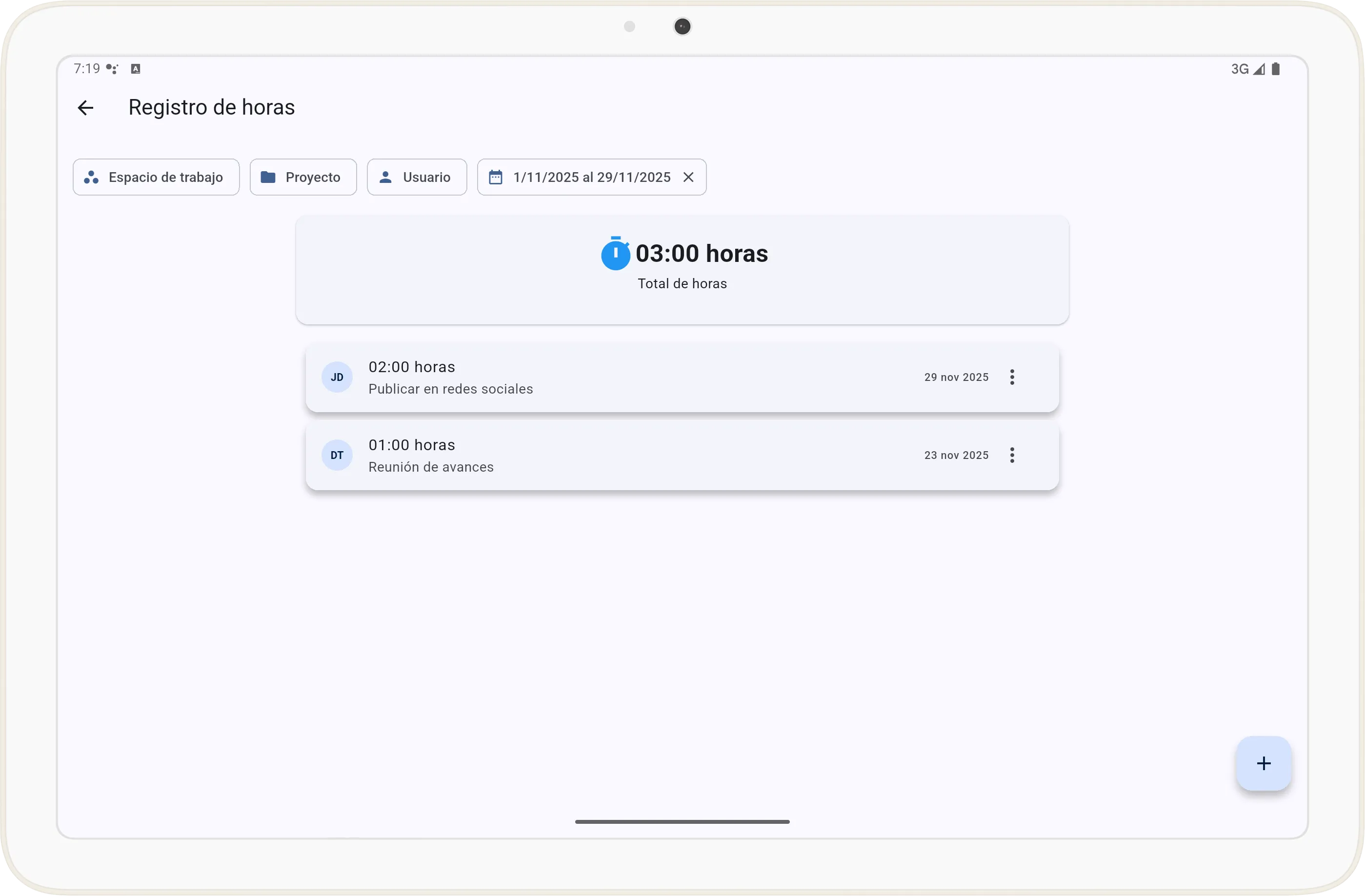 Listado de registros de horas