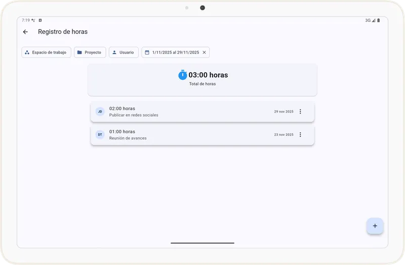 Listado de registros de horas