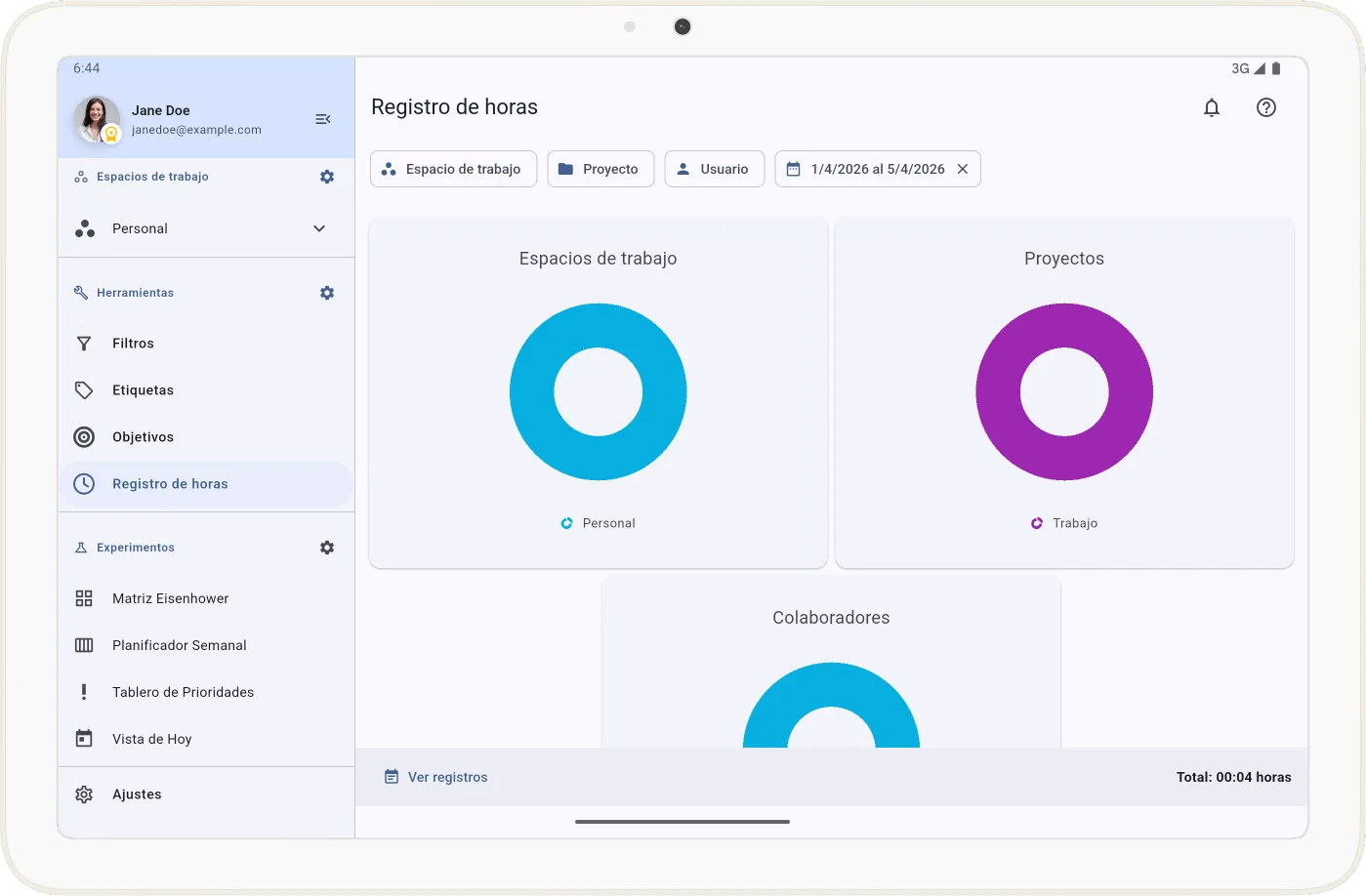 Panel de registro de tiempo