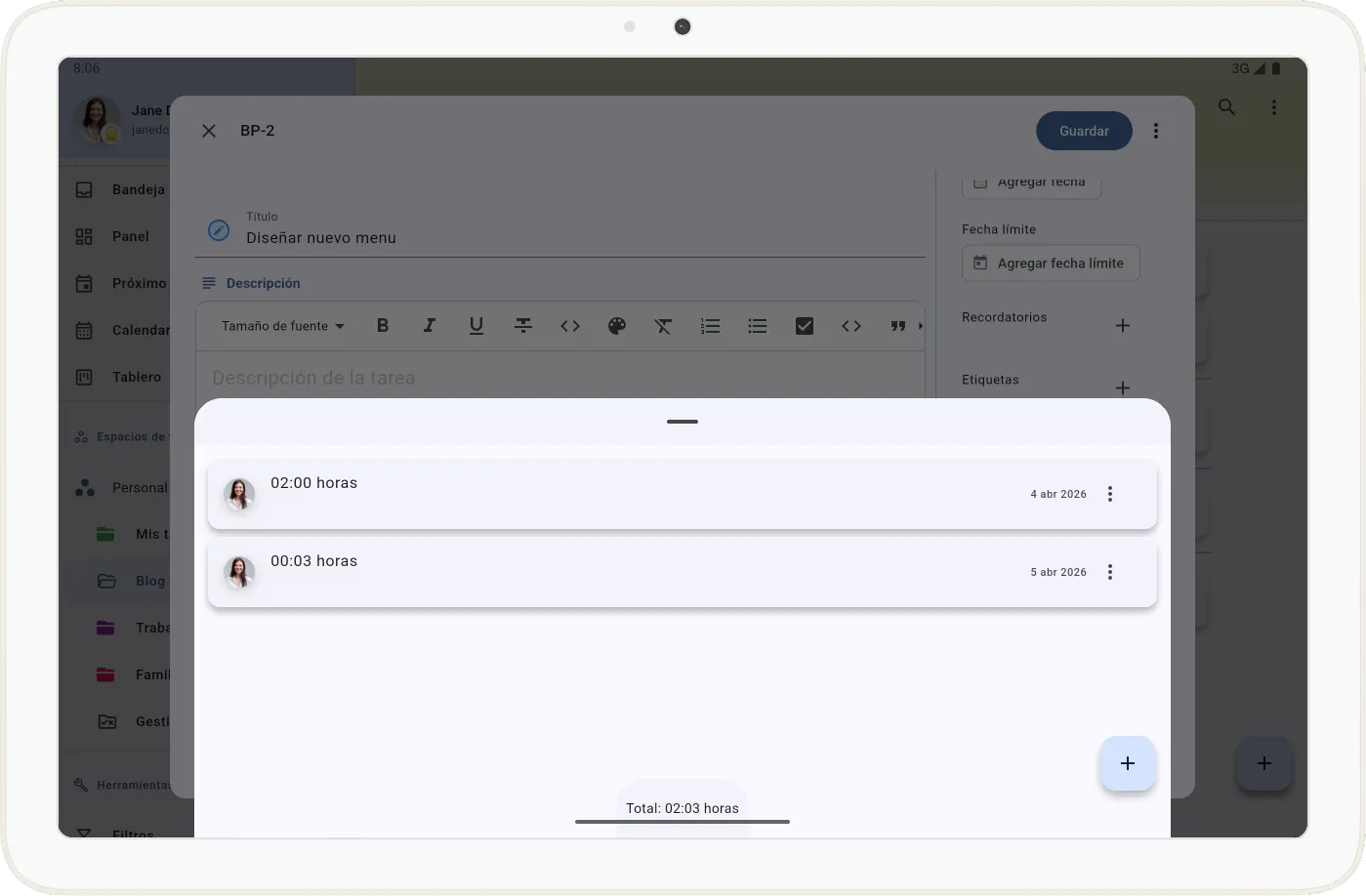 Tiempo registrado en una tarea
