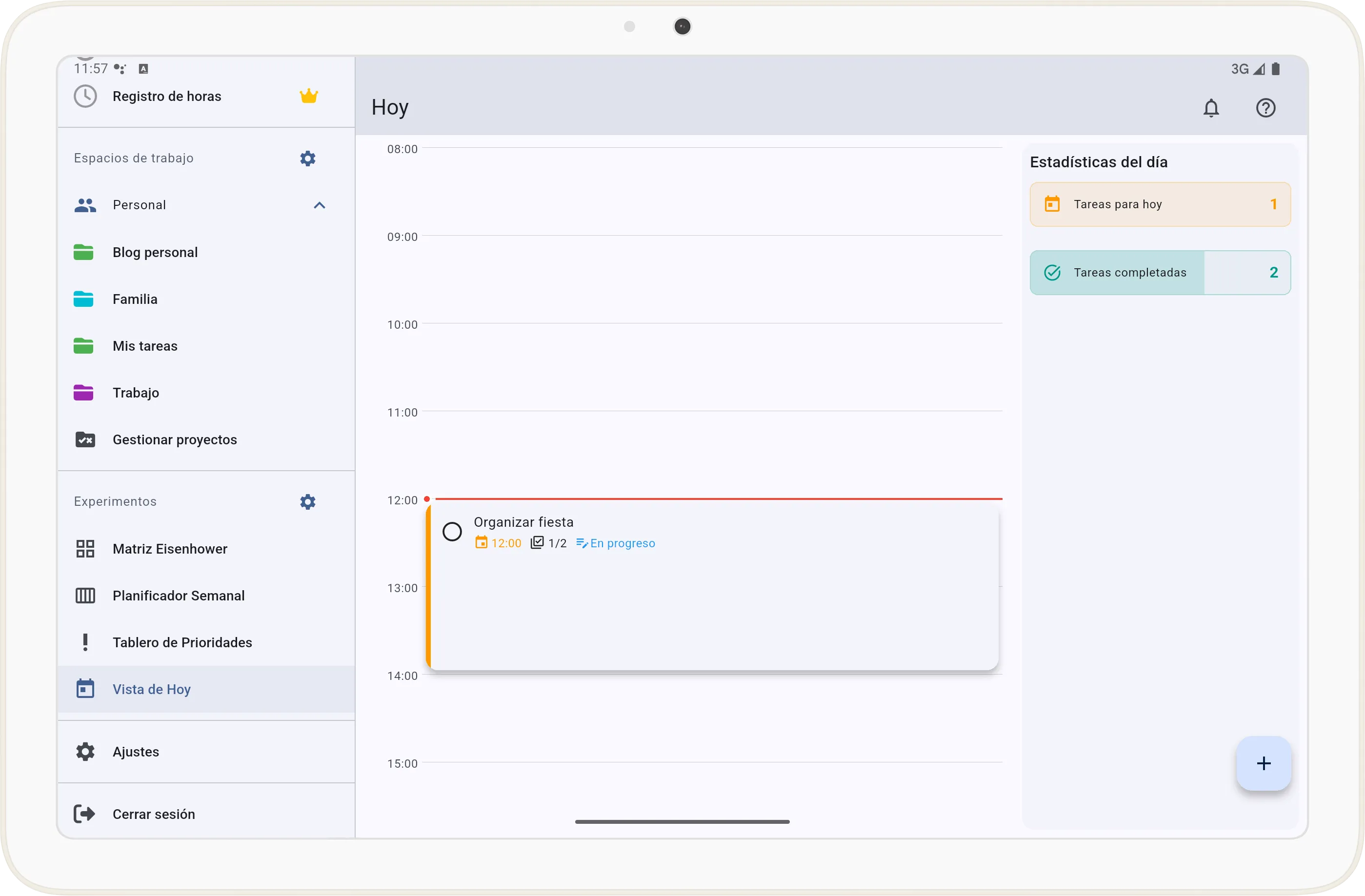 Pantalla de la Vista Hoy en Tarea Cero