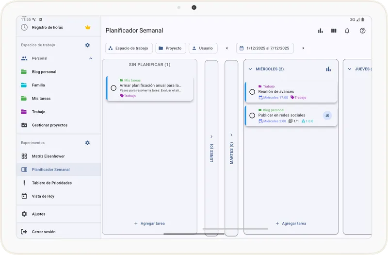 Pantalla del Planificador Semanal en Tarea Cero