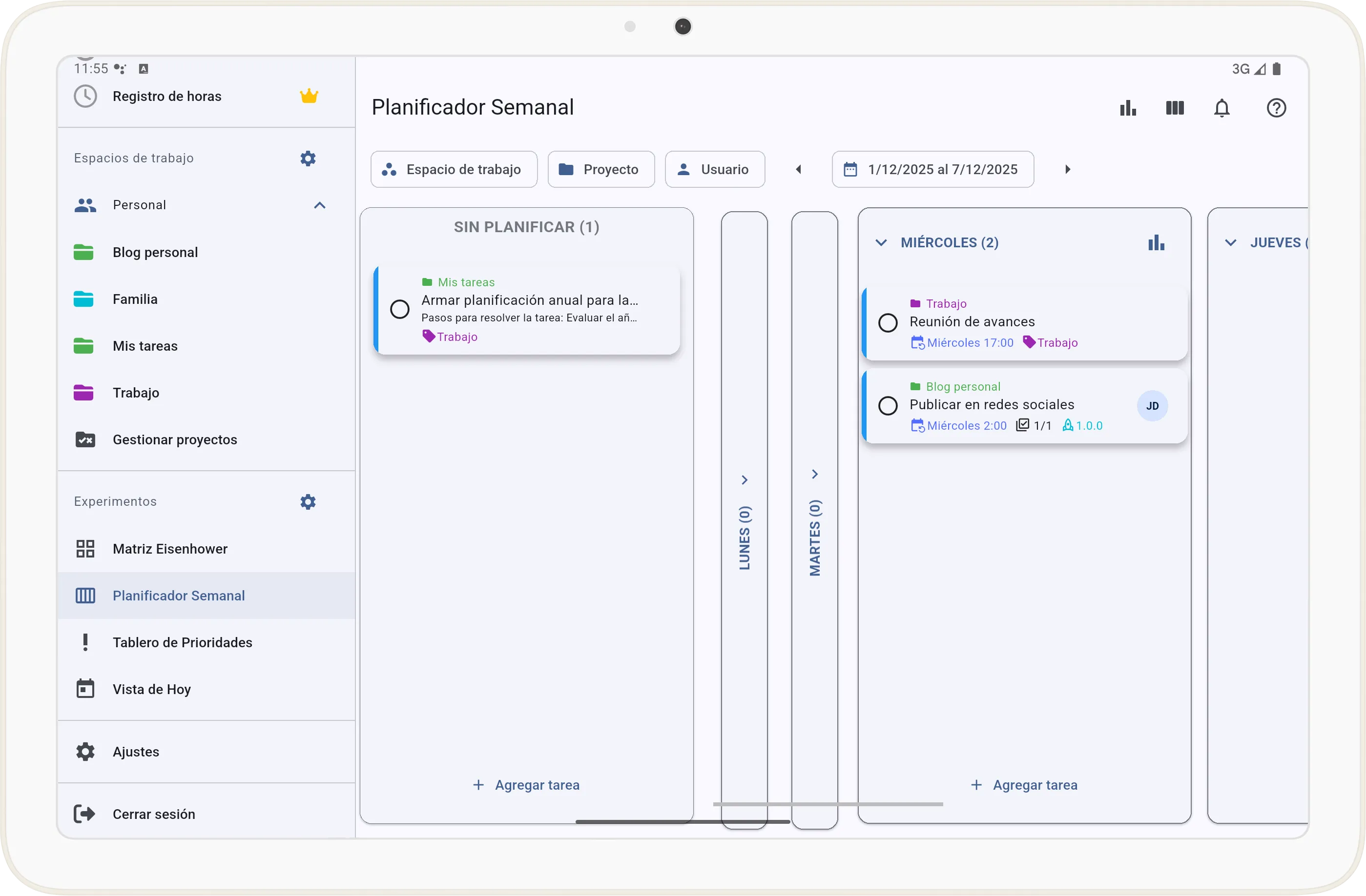 Pantalla del Planificador Semanal en Tarea Cero