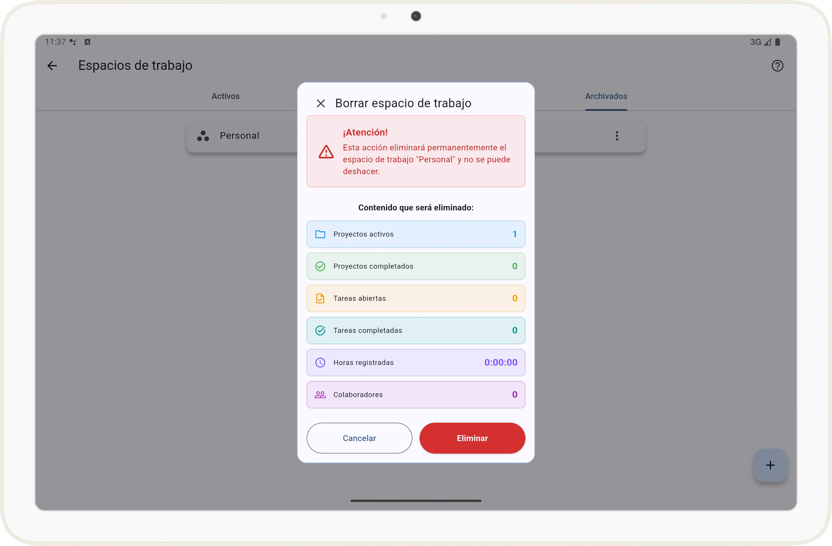 Mensaje de eliminación de espacio de trabajo en Tarea Cero