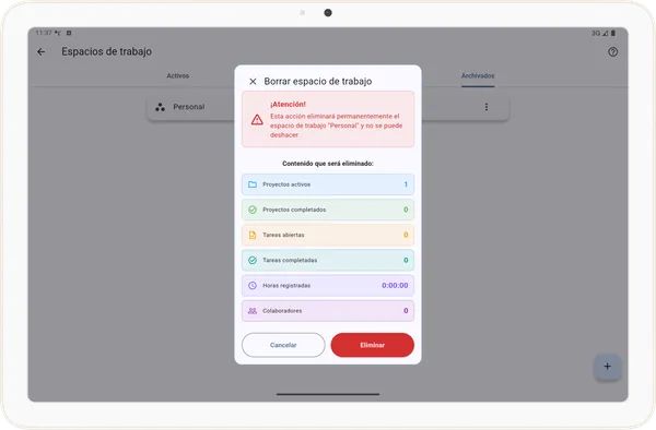Mensaje de eliminación de espacio de trabajo en Tarea Cero