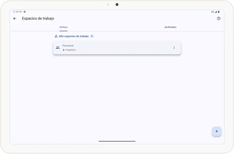 Pantalla de Espacios de Trabajo en Tarea Cero