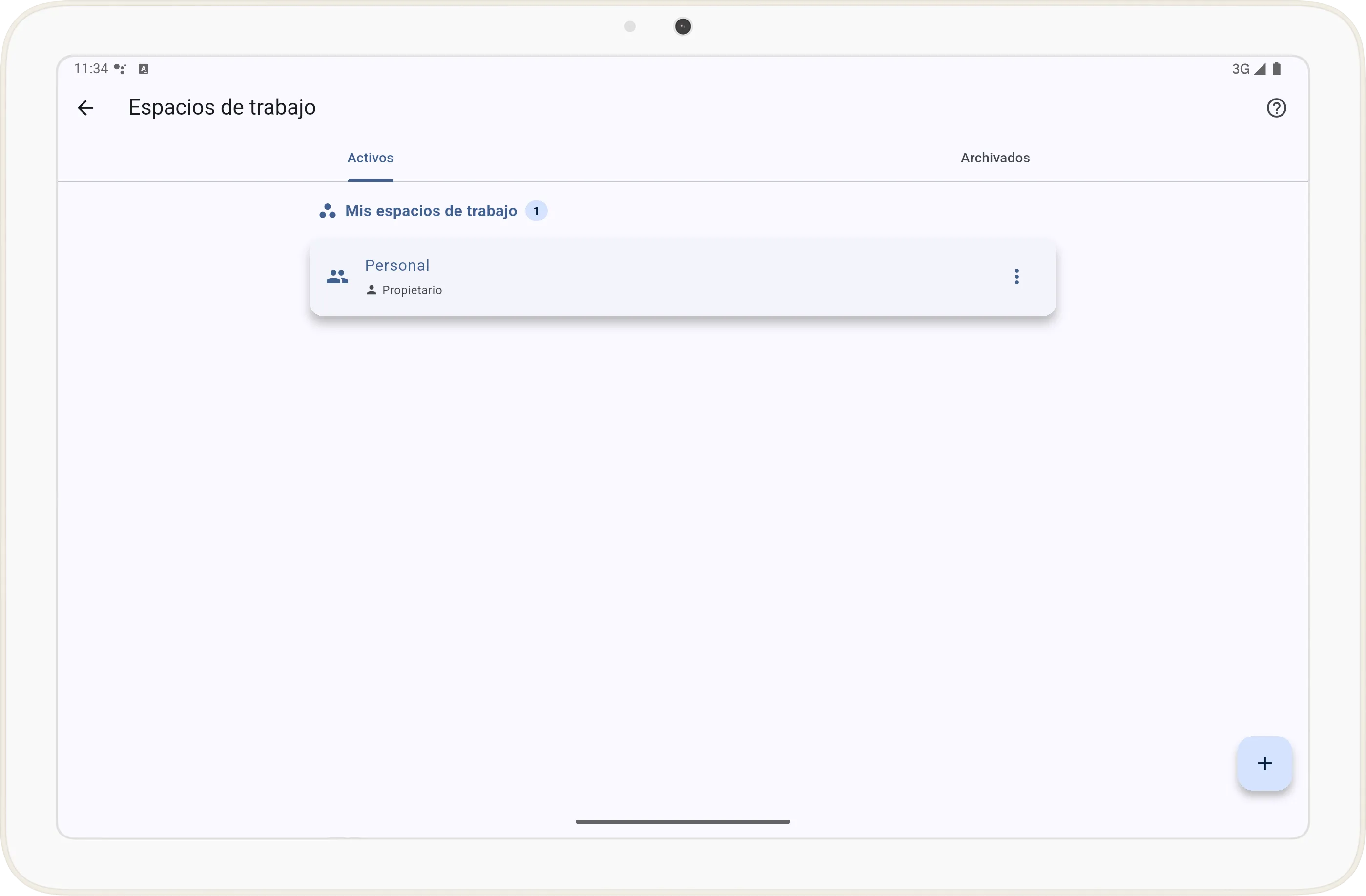 Pantalla de Espacios de Trabajo en Tarea Cero